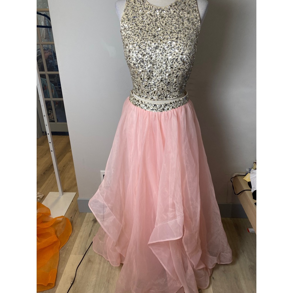 Pink Two Piece Sequin Prom Dress Open Back Tiered Organza Formal Gown Gown